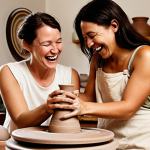 **Prompt 1: The Enchantment of First Clay**
    A happy couple, in their 30s, at a pottery wheel in a cozy studio. Their hands are covered in clay, one person's hand guides the other's on a spinning lump of clay, trying to form a shape. There's a mix of concentration and genuine laughter, reflecting the initial awkwardness and joy of the first attempt. Earthy tones, soft, natural light, and a sense of discovery.