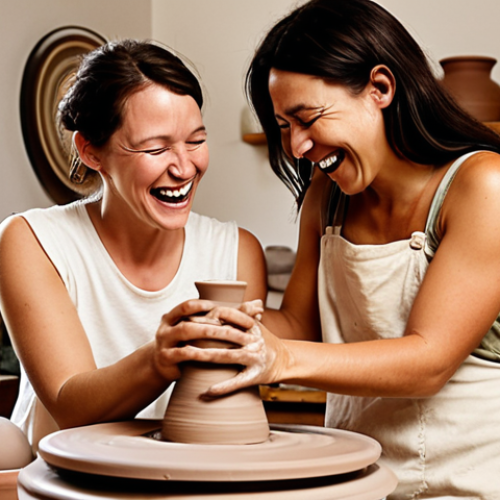 Home 7 **Prompt 1: The Enchantment of First Clay**
A happy couple, in their 30s, at a pottery wheel in a cozy studio. Their hands are covered in clay, one person's hand guides the other's on a spinning lump of clay, trying to form a shape. There's a mix of concentration and genuine laughter, reflecting the initial awkwardness and joy of the first attempt. Earthy tones, soft, natural light, and a sense of discovery.