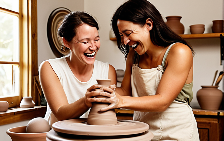 **Prompt 1: The Enchantment of First Clay**
A happy couple, in their 30s, at a pottery wheel in a cozy studio. Their hands are covered in clay, one person's hand guides the other's on a spinning lump of clay, trying to form a shape. There's a mix of concentration and genuine laughter, reflecting the initial awkwardness and joy of the first attempt. Earthy tones, soft, natural light, and a sense of discovery.