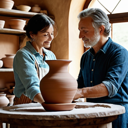 Home 22 Ceramic Workshop Romance**
A couple at a pottery wheel in a bright, rustic Tuscan studio, fully clothed, appropriate attire. Hands are covered in clay, shaping a vase together. Soft, natural light streams through the window. Background shows shelves with finished pottery. safe for work, perfect anatomy, natural proportions, family-friendly, professional photography, high quality.
**
