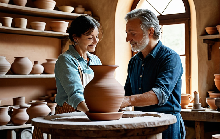 Ceramic Workshop Romance**
A couple at a pottery wheel in a bright, rustic Tuscan studio, fully clothed, appropriate attire. Hands are covered in clay, shaping a vase together. Soft, natural light streams through the window. Background shows shelves with finished pottery. safe for work, perfect anatomy, natural proportions, family-friendly, professional photography, high quality.
**