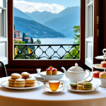Home 10 **Elegant Tea Room:** A luxurious tea room in a historic Italian hotel, showcasing a beautifully set table with fine porcelain tea service, a tiered tray filled with delicate pastries (macarons, mini-tarts, scones with clotted cream and jam), and a variety of teas. Soft, natural lighting highlights the intricate details. The room has classic Italian architecture with a view of Lake Como through large windows. fully clothed patrons in the background enjoying tea. Include: "safe for work", "appropriate content", "fully clothed", "professional", "perfect anatomy", "natural proportions".
