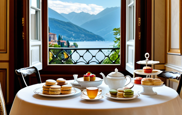 **Elegant Tea Room:** A luxurious tea room in a historic Italian hotel, showcasing a beautifully set table with fine porcelain tea service, a tiered tray filled with delicate pastries (macarons, mini-tarts, scones with clotted cream and jam), and a variety of teas. Soft, natural lighting highlights the intricate details. The room has classic Italian architecture with a view of Lake Como through large windows. fully clothed patrons in the background enjoying tea. Include: "safe for work", "appropriate content", "fully clothed", "professional", "perfect anatomy", "natural proportions".