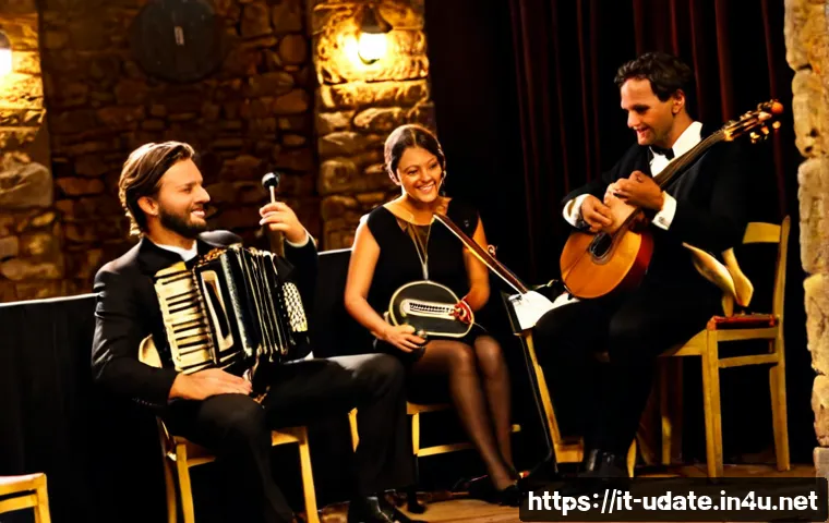 국악 공연 체험 데이트 - Photorealistic romantic date at an intimate Italian folk music performance in a historic stone theat...