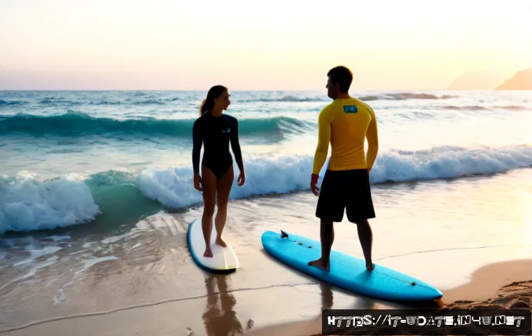 서핑 체험 데이트 - Photorealistic young Italian couple enjoying a beginner surf lesson on a sunny Mediterranean beach, ...